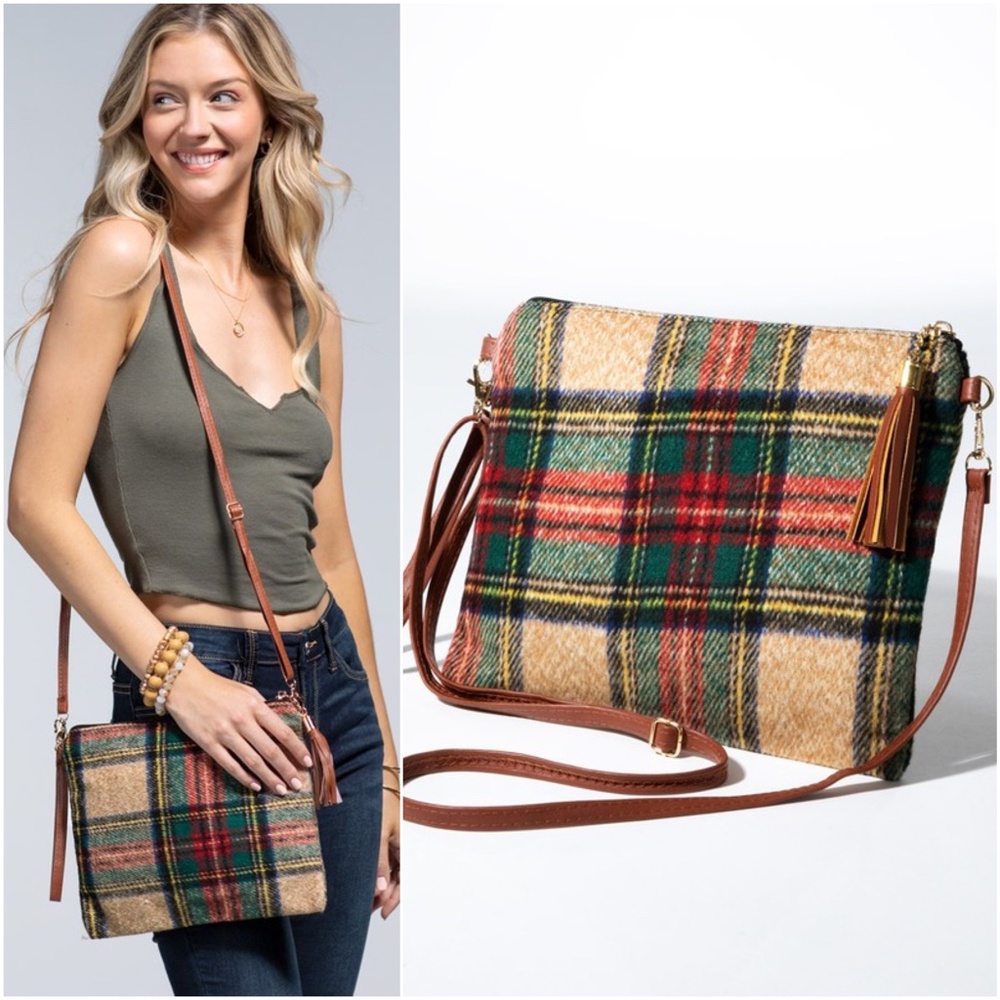 Plaid Vegan Leather Zipper Tassel Shoulder Crossbody Bag